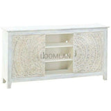 70" Boho Carved White Wood TV Stand with Sliding Doors TV Stands & Media Centers LOOMLAN By LOOMLAN