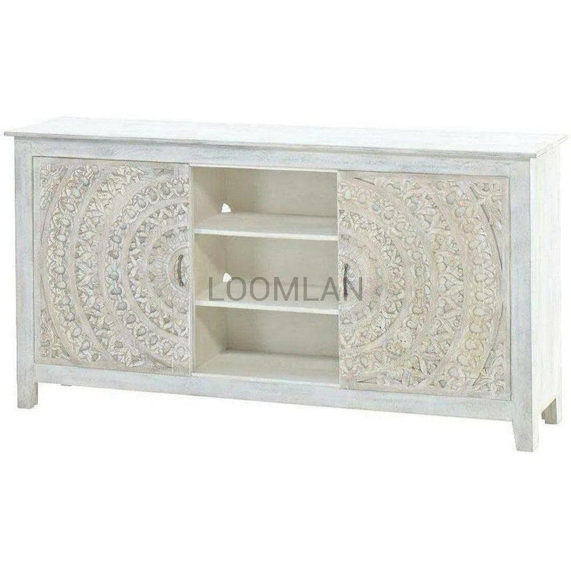 70" Boho Carved White Wood TV Stand with Sliding Doors TV Stands & Media Centers LOOMLAN By LOOMLAN