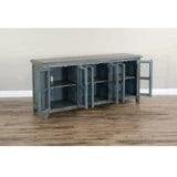 70" Distressed Blue TV Stand With Glass Doors Storage Cabinet TV Stands & Media Centers LOOMLAN By Sunny D