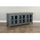 70" Distressed Blue TV Stand With Glass Doors Storage Cabinet TV Stands & Media Centers LOOMLAN By Sunny D