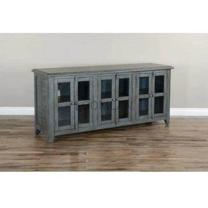 70" Distressed Blue TV Stand With Glass Doors Storage Cabinet TV Stands & Media Centers LOOMLAN By Sunny D