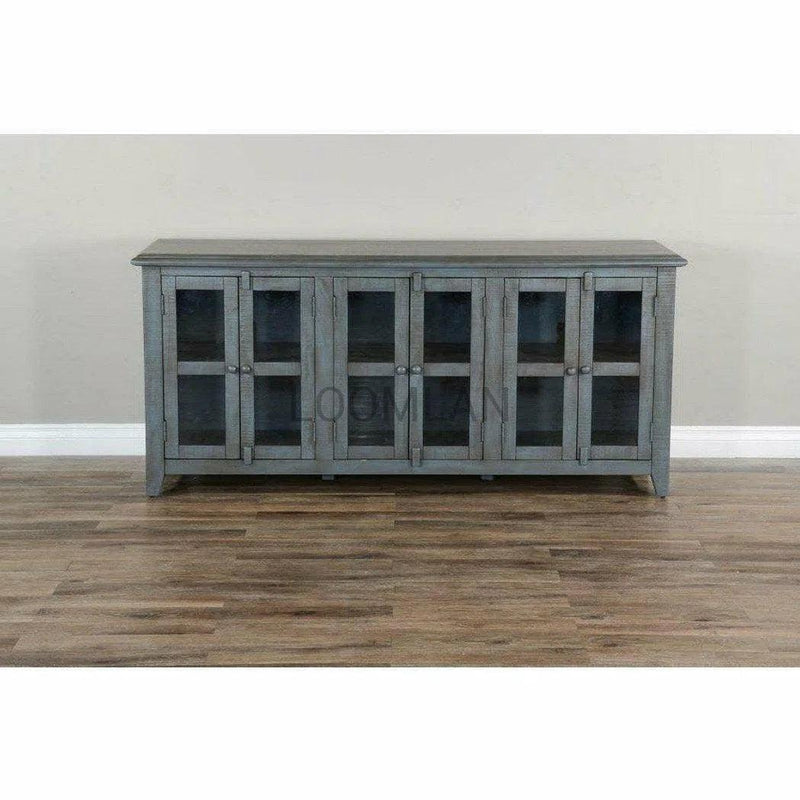 70" Distressed Blue TV Stand With Glass Doors Storage Cabinet TV Stands & Media Centers LOOMLAN By Sunny D