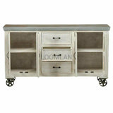 72" Distressed White 3 Drawer Galvanized Top Wheeled Sideboard Sideboards LOOMLAN By LOOMLAN