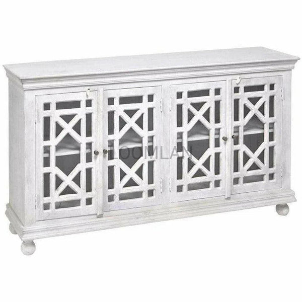 72" Distressed White Glass Trellis Doors Sideboard Cabinet Sideboards LOOMLAN By LOOMLAN