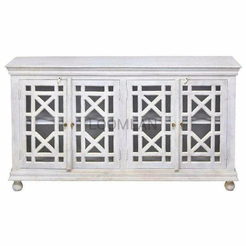 72" Distressed White Glass Trellis Doors Sideboard Cabinet Sideboards LOOMLAN By LOOMLAN