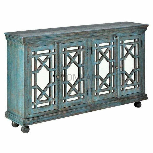 72" Navy Blue 4 Door Mirrored Trellis Sideboard Buffet Sideboards LOOMLAN By LOOMLAN