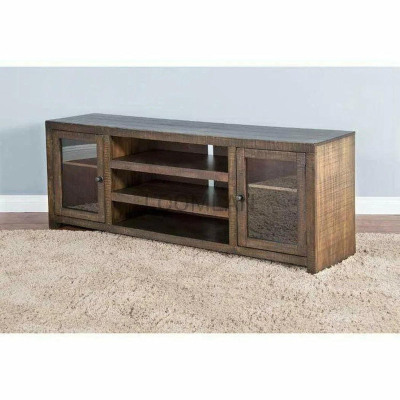 72" TV Stand Media Console Storage Cabinet Glass Doors Rustic Wood TV Stands & Media Centers LOOMLAN By Sunny D