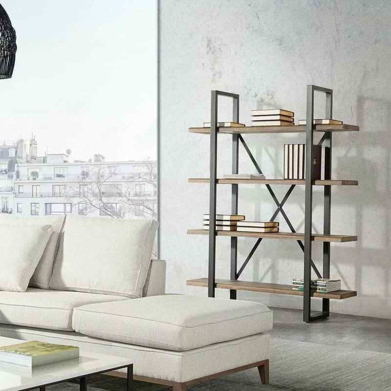 73" 4-Tiered Shelf Unit in Rustic Oak Finish with Iron Frame Etageres LOOMLAN By Diamond Sofa