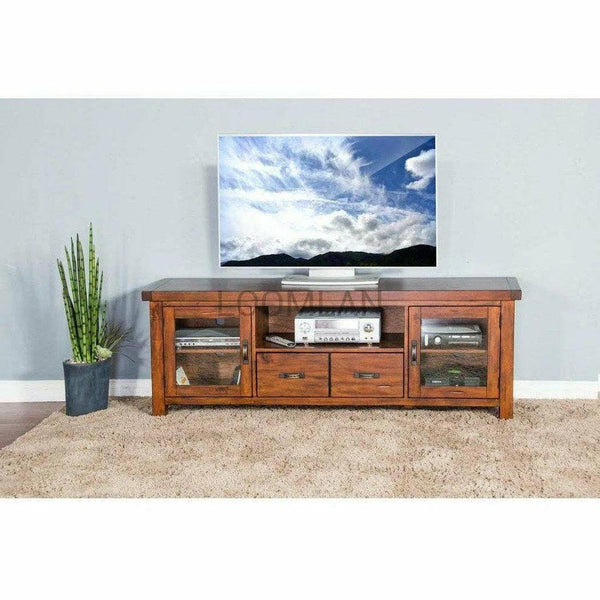 74" Rustic TV Stand Media Console Glass Doors Storage Drawers TV Stands & Media Centers LOOMLAN By Sunny D