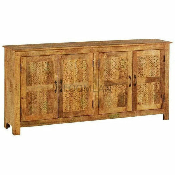 76" Reclaimed Wood Hand Carved 4 Door Print Block Sideboard Sideboards LOOMLAN By LOOMLAN