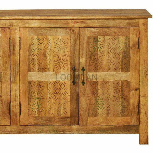 76" Reclaimed Wood Hand Carved 4 Door Print Block Sideboard Sideboards LOOMLAN By LOOMLAN