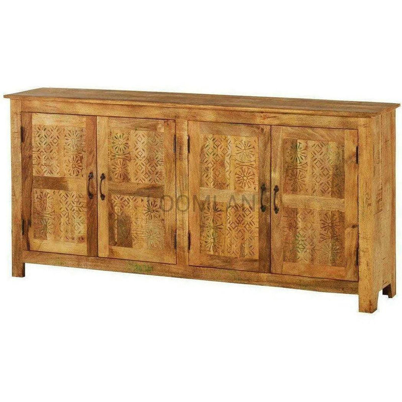 76" Reclaimed Wood Hand Carved 4 Door Print Block Sideboard Sideboards LOOMLAN By LOOMLAN