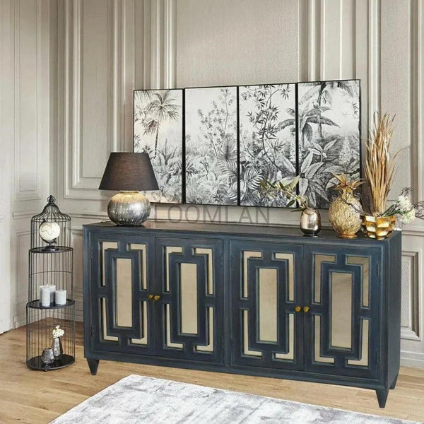 80" Black Antiqued Glass Doors Trellis Wooden Layover Sideboard Sideboards LOOMLAN By LOOMLAN