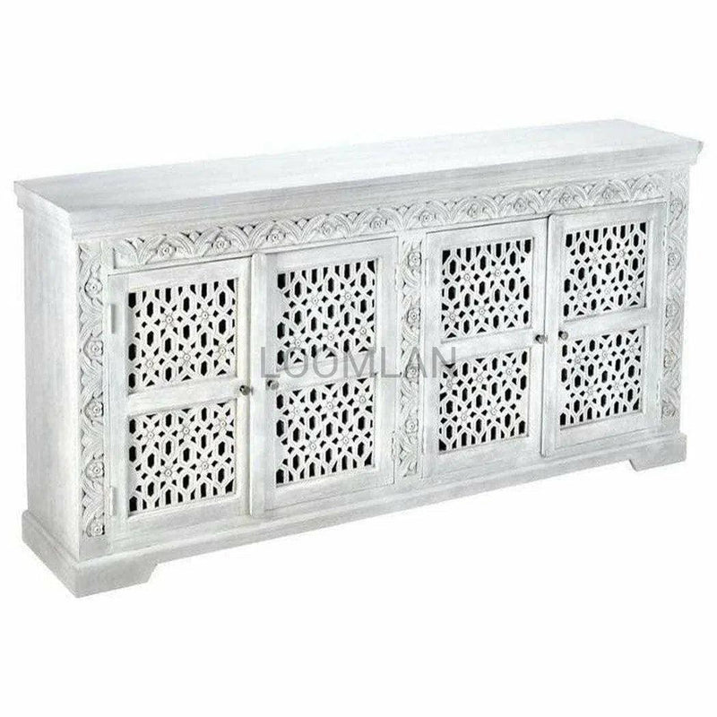 80" White Wash Bohemian Lace 4 Door Sideboard Buffet Sideboards LOOMLAN By LOOMLAN