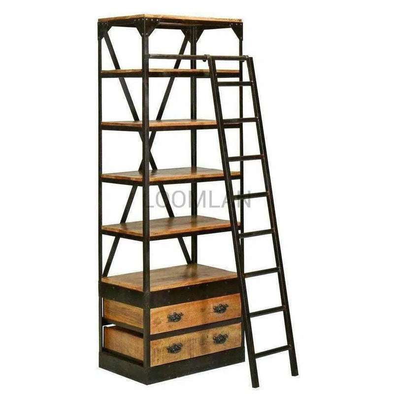 80x32" Industrial Mobile Library Bookcase with Ladder Bookcases LOOMLAN By LOOMLAN