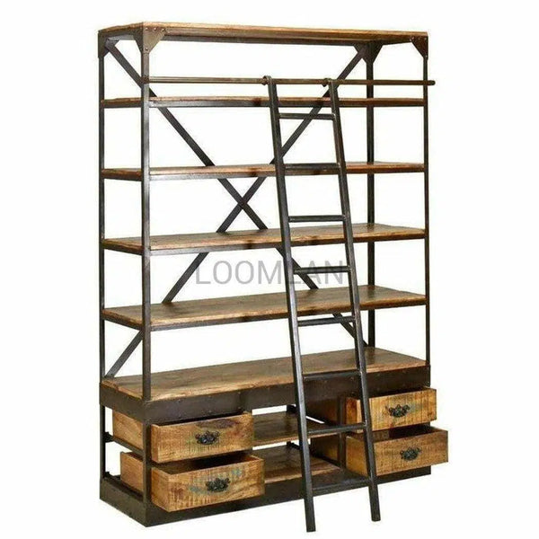 80x63" Industrial Mobile Library Bookcase with Ladder Bookcases LOOMLAN By LOOMLAN