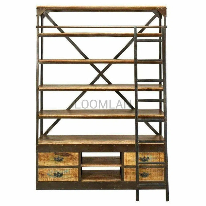 80x63" Industrial Mobile Library Bookcase with Ladder Bookcases LOOMLAN By LOOMLAN