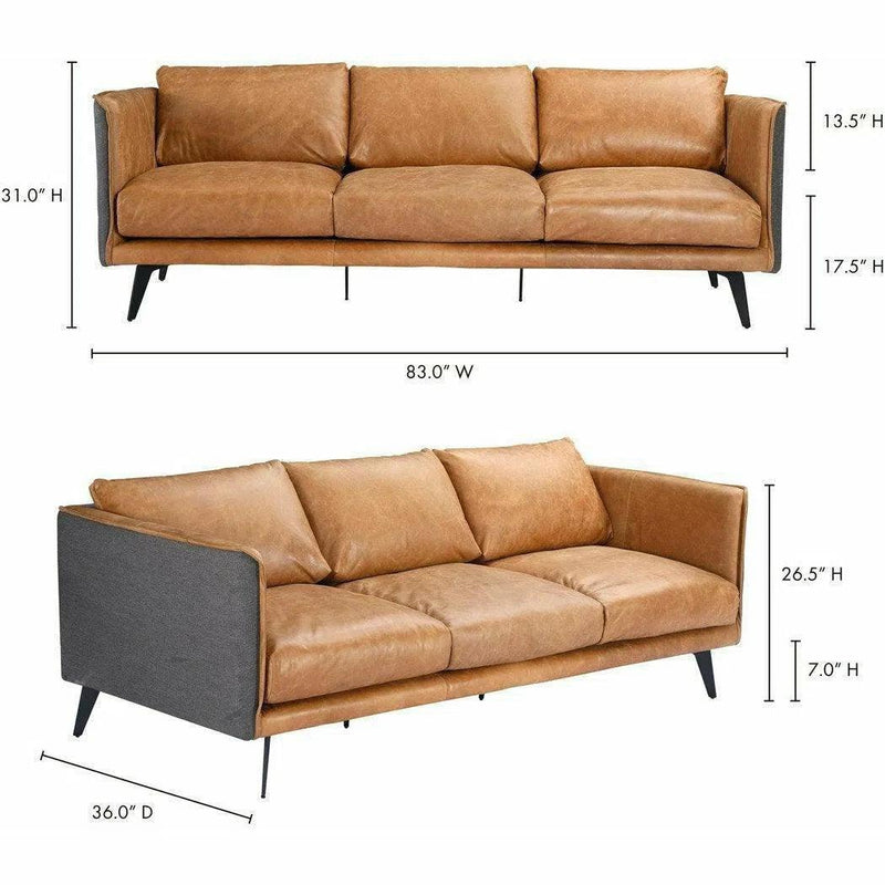 83" Messina Tan Leather Two Tone Modern Sofa Removable Cushions Sofas & Loveseats LOOMLAN By Moe's Home