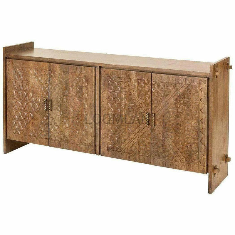 84" Large Carved Wood Rustic Credenza Sideboard Diamond Pattern Sideboards LOOMLAN By LOOMLAN