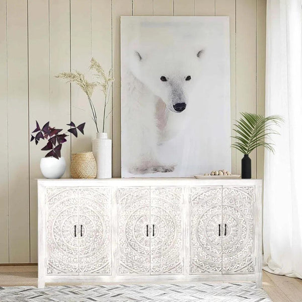 94" Jumbo Extra Large White Carved Sideboard Boho Chic Sideboards LOOMLAN By LOOMLAN