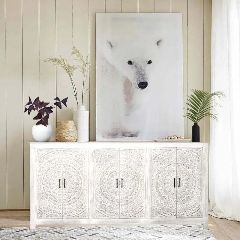 94" Jumbo Extra Large White Carved Sideboard Boho Chic Sideboards LOOMLAN By LOOMLAN