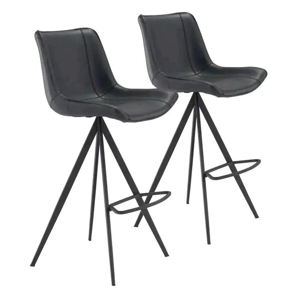 Aki Leather Upholstered Black Bar Chair (Set of 2) Bar Stools LOOMLAN By Zuo Modern