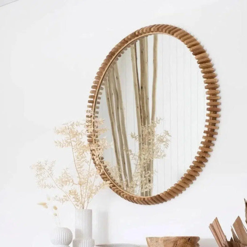 Alder Natural Teak Wood Round Wall Mirror Wall Mirrors LOOMLAN By Artesia