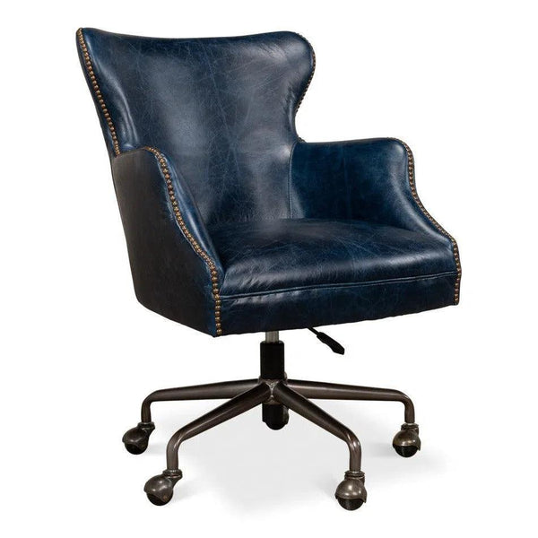 Andrew Jackson Swivel Blue Leather Desk Chair Chateau Office Chairs LOOMLAN By Sarreid