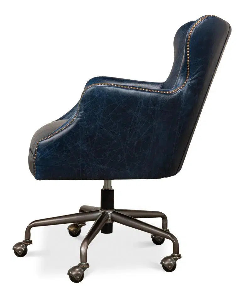 Andrew Jackson Swivel Blue Leather Desk Chair Chateau Office Chairs LOOMLAN By Sarreid