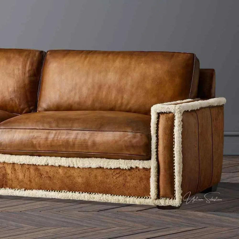 Austin Brown Benchmade Leather Couch With Shearing Trim Sofas & Loveseats LOOMLAN By Uptown Sebastian