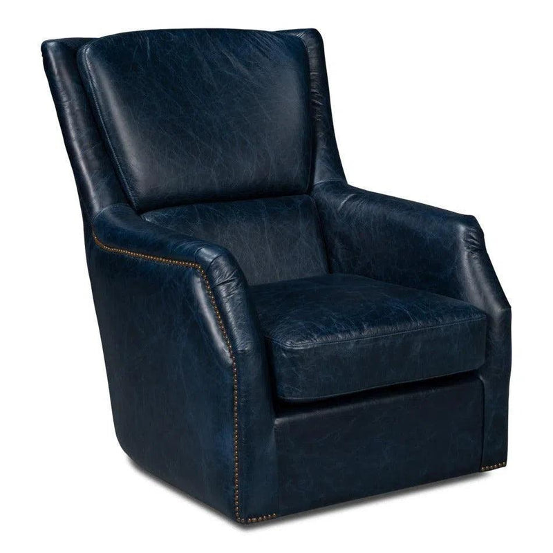 Baker Wood and Leather Blue Swivel Arm Chair Club Chairs LOOMLAN By Sarreid