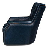 Baker Wood and Leather Blue Swivel Arm Chair Club Chairs LOOMLAN By Sarreid