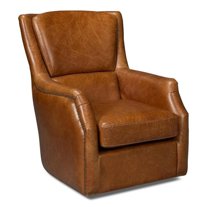 Baker Wood and Leather Brown Swivel Arm Chair Club Chairs LOOMLAN By Sarreid