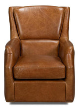 Baker Wood and Leather Brown Swivel Arm Chair Club Chairs LOOMLAN By Sarreid