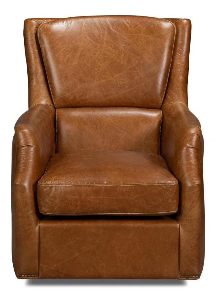 Baker Wood and Leather Brown Swivel Arm Chair Club Chairs LOOMLAN By Sarreid