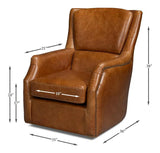 Baker Wood and Leather Brown Swivel Arm Chair Club Chairs LOOMLAN By Sarreid