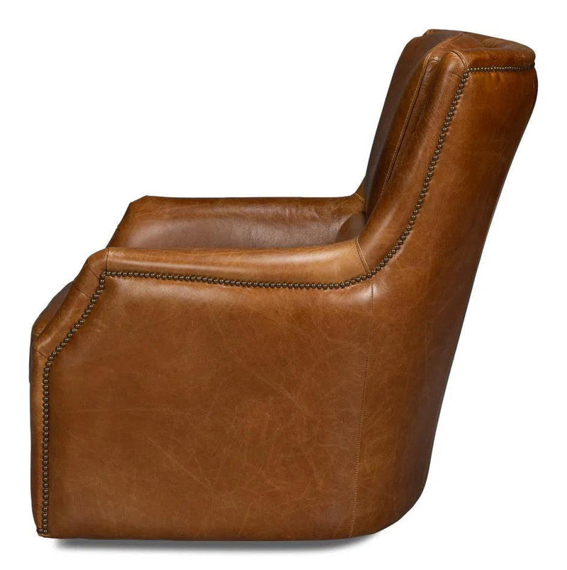 Baker Wood and Leather Brown Swivel Arm Chair Club Chairs LOOMLAN By Sarreid