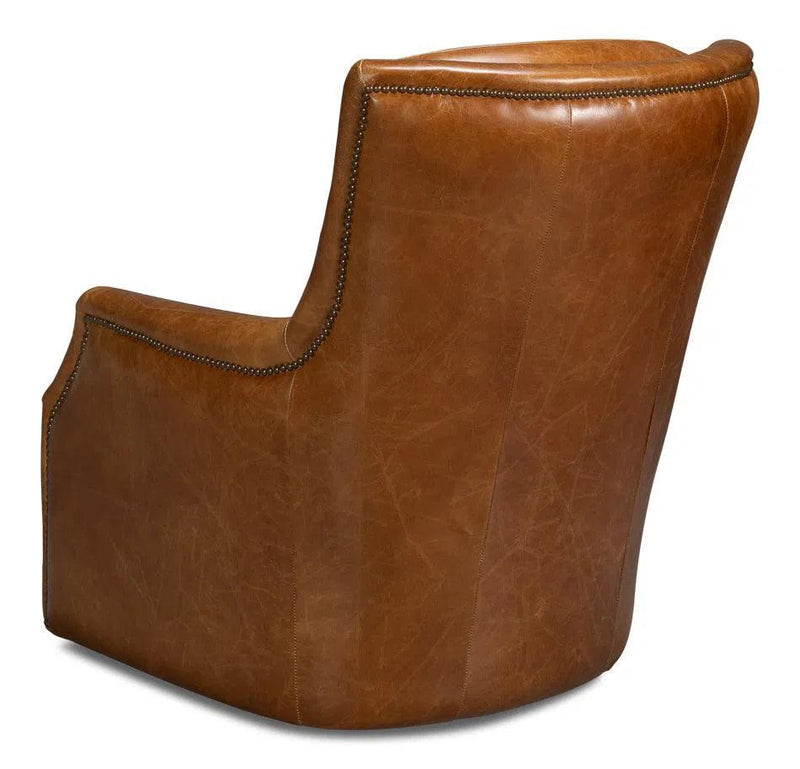 Baker Wood and Leather Brown Swivel Arm Chair Club Chairs LOOMLAN By Sarreid