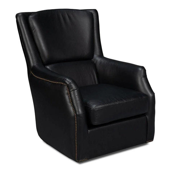 BakerWood and Leather Black Swivel Arm Chair Club Chairs LOOMLAN By Sarreid