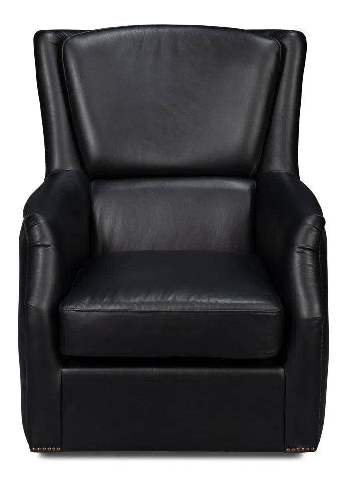 BakerWood and Leather Black Swivel Arm Chair Club Chairs LOOMLAN By Sarreid