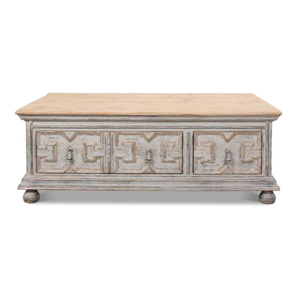 Base And Crown Coffee Table With Drawers Antiqued Grey Wash Coffee Tables LOOMLAN By Sarreid