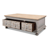 Base And Crown Coffee Table With Drawers Antiqued Grey Wash Coffee Tables LOOMLAN By Sarreid