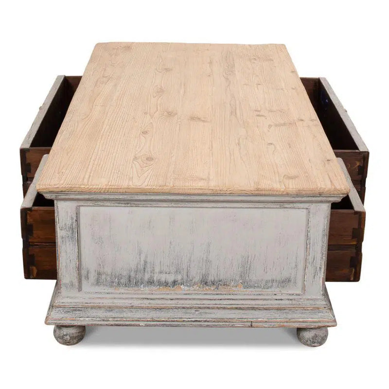 Base And Crown Coffee Table With Drawers Antiqued Grey Wash Coffee Tables LOOMLAN By Sarreid