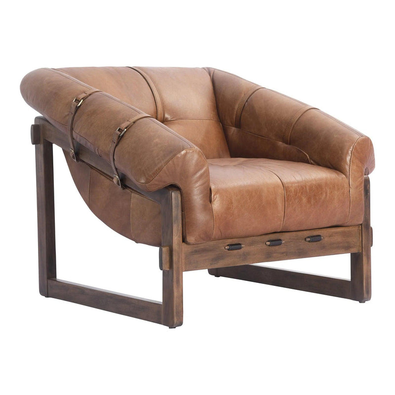 Bellos Top Grain Leather and Solid Rubberwood Brown Armless Accent Chair Club Chairs LOOMLAN By Moe's Home