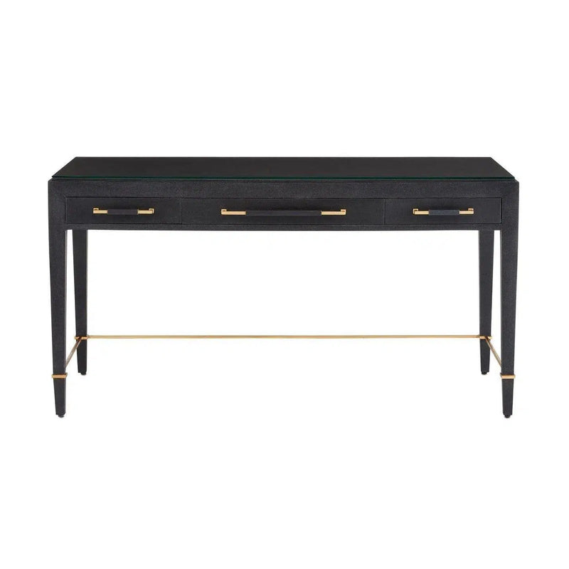 Black Lacquered Linen Champagne Metal Verona Black Large Desk Home Office Desks LOOMLAN By Currey & Co