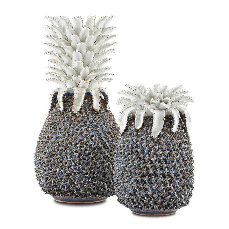 Blue White Waikiki Large Blue Pineapple Statues & Sculptures LOOMLAN By Currey & Co