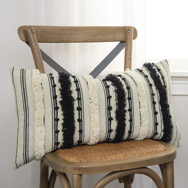 Boho Babe Striped White & Black Lumbar Pillow With Insert Throw Pillows LOOMLAN By LOOMLAN