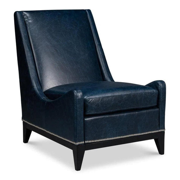 Brandy Wood and Leather Blue Armless Accent Chair Club Chairs LOOMLAN By Sarreid