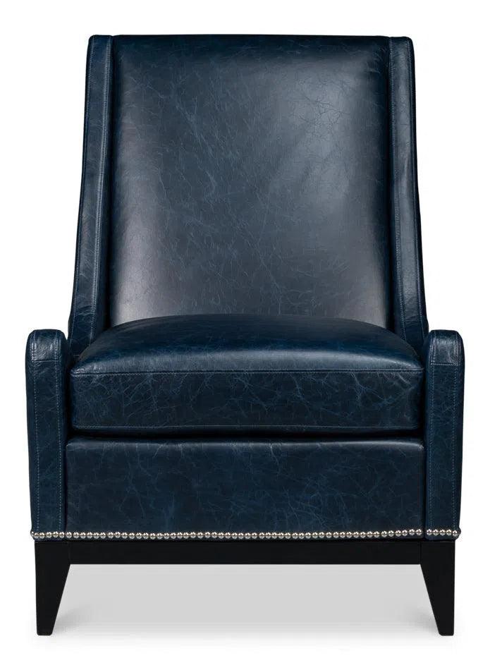 Brandy Wood and Leather Blue Armless Accent Chair Club Chairs LOOMLAN By Sarreid