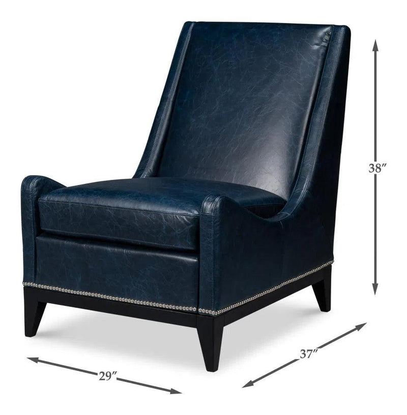 Brandy Wood and Leather Blue Armless Accent Chair Club Chairs LOOMLAN By Sarreid